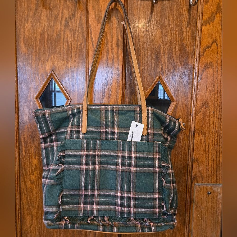 Sonoma Tan Strap Green Plaid Tote NWT